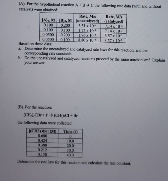 (A). For the hypothetical reaction A+B → C the following rate data (with and without catalyst) were obtained: Rate, M/s Rate,