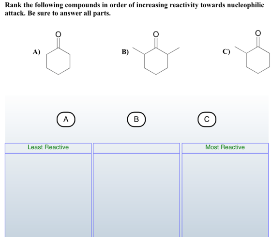 Rank the following compounds in order of increasing reactivity towards nucleophilic attack. Be sure to answer all parts. A) B) C) CA Least Reactive Most Reactive