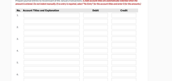 Prepare journal entries to record each of the January transactions. (Credit account titles are automatically indented when th