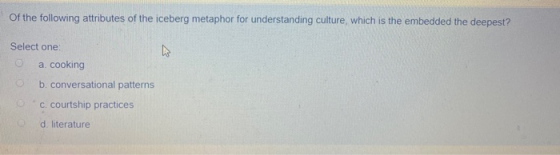 Of the following attributes of the iceberg metaphor for understanding culture, which is the embedded the deepest? Select one