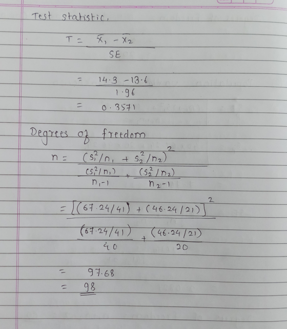 Test stahistic X2 T- SE 14-3-13-6 1.96 0.3571 Degrees a frttdarm 2 cs31n,) (S21D) n2-1 n1-1 2 67.24/41 (46.24/21) (उव 24/41)