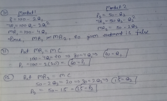 TO Market! Market 2 P = 100-20, P = 50-Q TR,= 100 - 202 TR = 90 Q-222 MR = 100- 4Q MR₂ = 50-222 Line, MR, ZMR2, so given stat