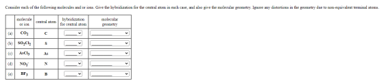 Consider each of the following molecules and/or ions. Give the hybridization for the central atom in each case, and also give
