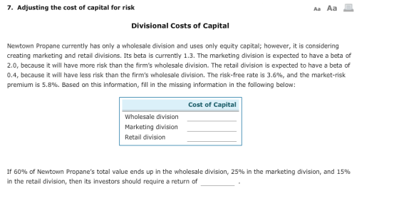 7. Adjusting the cost of capital for risk Aa Aa Divisional Costs of Capital Newtown Propane currently has only a wholesale di