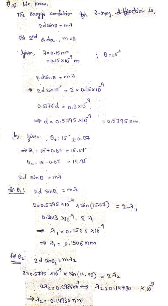 a) we know, 2dsinp ma r, 5nm 4 9 52715-0,64 こ14,93