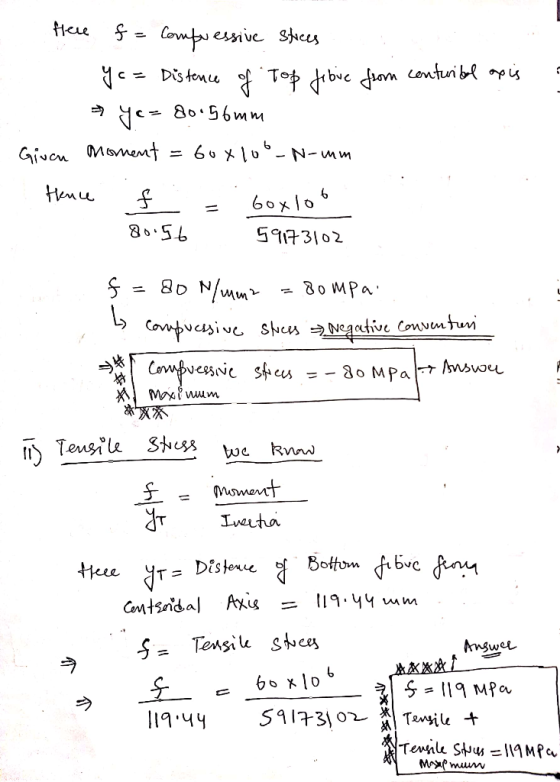 Neys fere f = compressive strees - Yc = Distence of Top Jobie from conturital oxis ► yo- 80156 mm Given Moment = 60x10°-N-mm
