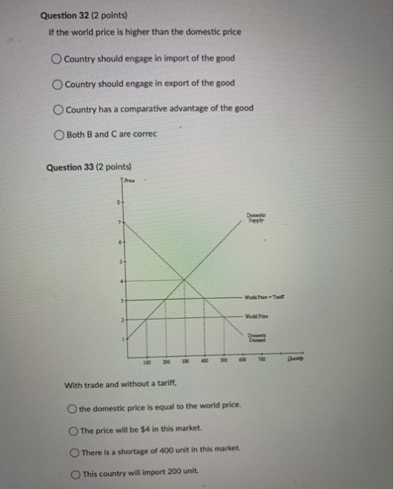 Question 32 (2 points) If the world price is higher than the domestic price Country should engage in import of the good Count