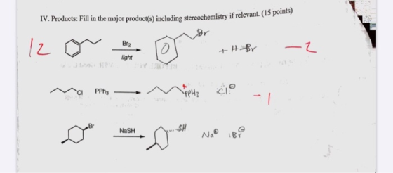 IV. Products: Fill in the major product(s) including stereochemistry if relevant. (1 pom stereochemistry if relevant. (15 poi