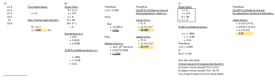 From given data = A) 21.6 22.4 21.4 20.2 22 20.8 B) Given that X = 21.4 S = 0.8 Therefore, a/2 = 0.005 Therefore, the 99% con