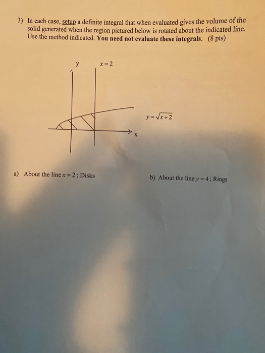 5) In each case, setup a definite integral that when evaluated gives the volume of the solid generated when the region pictur