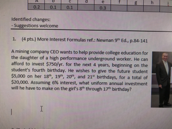 0 0.2 0.1 0.1 0.3 Identified changes: Suggestions welcome 1. (4 pts.) More Interest Formulas ref.: Newnan 9th Ed., p.84-141 A mining company CEO wants to help provide college education for | the daughter of a high performance underground worker. He can afford to invest $750/yr. for the next 4 years, beginning on the students fourth birthday. He wishes to give the future student $5,000 on her 18th, 19th, 20h, and 21 birthdays, for a total of $20,000. Assuming 6% interest, what uniform annual investment will he have to make on the girls 8th through 17th birthday?