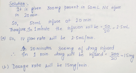 Solution - It is given 300 mg precent in Som L NS infjuse In 20 min. infuse at 20 min the infusion oill be - 50 So, 50mL The