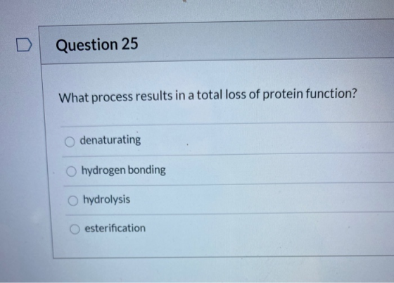 Question 25 What process results in a total loss of protein function? O denaturating hydrogen bonding hydrolysis esterificati