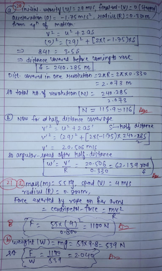 la inition. Nelocity (w/ = 29 mis final wel. (v) = 0 (stopped) acceleration (a) = -1.75 m/s², Hodius (R) 20.330m, from ear of