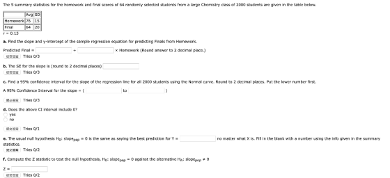 The 5 summary statistics for the homework and final scores of 64 randomly selected students from a large Chemistry class of 2