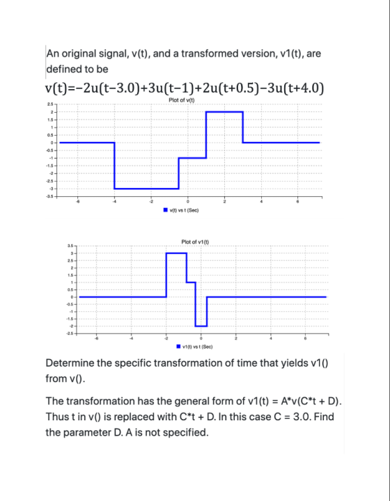 An original signal, v(t), and a transformed version, v1(t), are defined to be v(t)=-2u(t-3.0)+3u(t-1)+2u(t+0.5)-3u(t+4.0) Plo