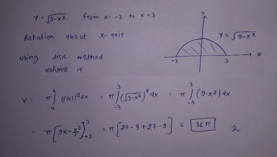 from x= -3 to x = 3 Rotation about X- axis Y = 9-1² using disk volume mathod is v cm)es)****] (0-x2) 4x [***] [-5+2=-) 35 T a