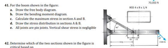 70,000 N 41. For the boom shown in the figure: HSS 4x 8 x1/4 a. Draw the free body diagram. b. Draw the bending moment diagram. c. Calculate the maximum stress in section A and B d. Draw the stress distribution in sections A & B e. All joints are pin joints. Vertical shear stress is negligible 30 Ift1 ft -10ft 1500 lb 42. Determine which of the two sections shown in the figure is 20ft critical hased on
