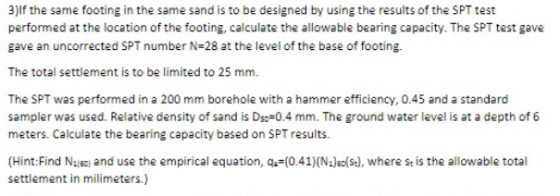 3)If the same footing in the same sand is to be designed by using the results of the SPT test performed at the location of th