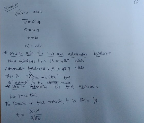 Solution Given data x=66.4 S = 16.3 n =10 * Now to null and . L = 0.10 state the alternative bylothesis Null hypothesis Ho: M