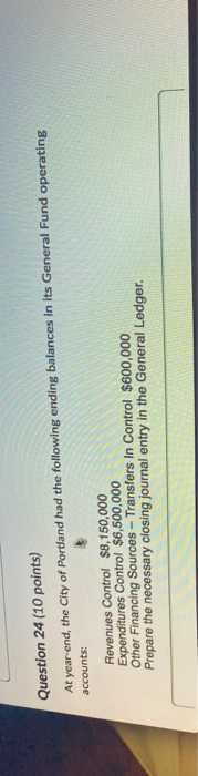 Question 24 (10 points) At year-end, the City of Portland had the following ending balances in its General Fund operating acc