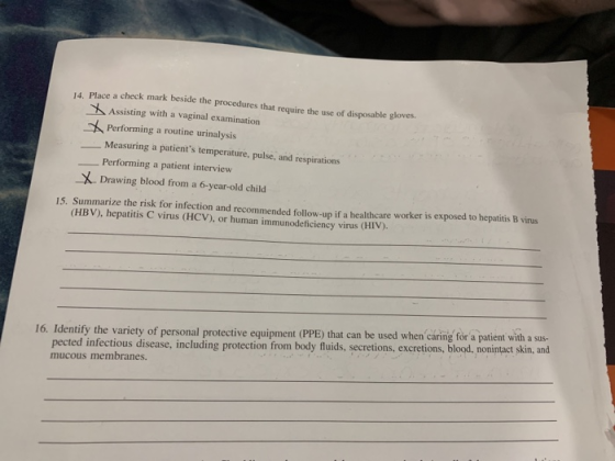 a check mark beside the procedures that require the use of disposable gloves. Assisting with a vaginal examination Performing