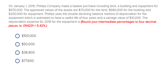 On January 1, 2016, Phillips Company made a basket purchase including land, a building and equipment for $970,000. The apprai