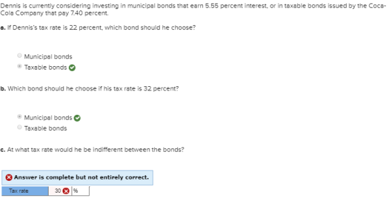 Dennis is currently considering investing in municipal bonds that earn 5.55 percent interest, or in taxable bonds issued by t
