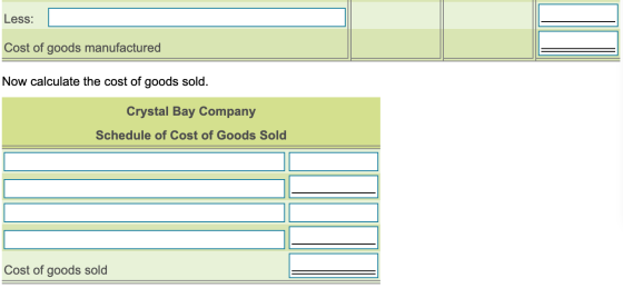 Less: Cost of goods manufactured Now calculate the cost of goods sold. Crystal Bay Company Schedule of Cost of Goods Sold Cos