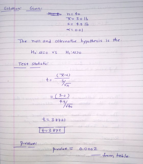 solution. Giren: to nato X=3.0 s= 4.9 x=0.0) lb lb The hull and alternative hypothesis is the Hoil=0 vs Hiiezo Test statistic