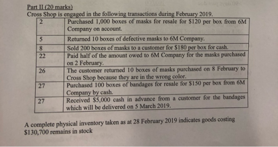 Part II (20 marks) Cross Shop is engaged in the following transactions during February 2019. Purchased 1,000 boxes of masks f