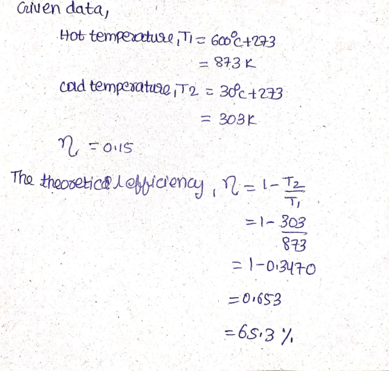 criven data, Hot temperature, TI = 66°C+273 = 873 K cad temperature, I 2 = 30c+233 = 303K n = 0115 The theoretical eficiency,
