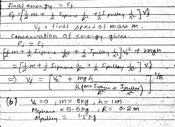 final energy Ef Es ( m+ & Isphere it I pulley & J V Vf final speed of mass m . Contenvation of energy gives Ei Et m+ t Ispher