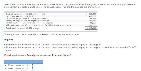 Levesque Company makes and sells lawn mowers for which it currently makes the engines. It has an opportunity to purchase the
