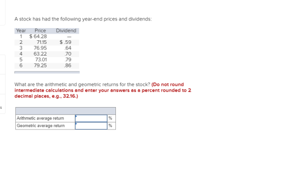 A stock has had the following year-end prices and dividends: Dividend Year 1 3 Price $ 64.28 71.15 76.95 63.22 73.01 79.25 $.