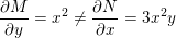 \small \frac{\partial M}{\partial y}=x^{2}\neq \frac{\partial N}{\partial x}=3x^{2}y