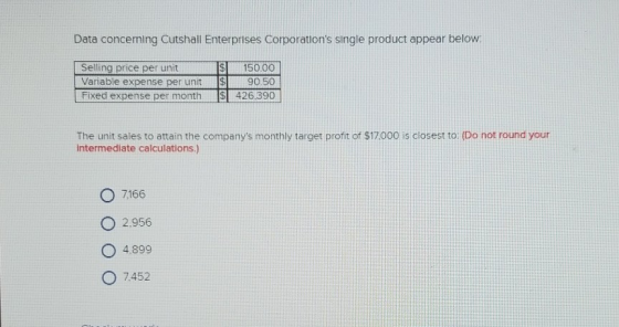 Data Concerning Cutshall Enterprises Corporation s Single Product Appear Below Selling Price 