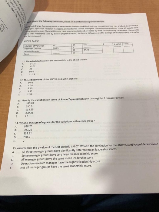 the following 5 questions, based on the information provided below. d Orange Company wants to elamine the leadenip skith of its three manag troup.. product drvelop manager group. They will have to take a common test and are rated by their corresponding co workers. The resuits their leadership skials by a score higher is better). Is there a ditfference on the average of the leadership scores tor operation research managers, and customer service managers. The company randomly chose 10 people from three groups? ANOVA TABLE Between Groups 34.75 11. The calculated value of the test statistic in the above table is B 10.52 D. 9.66 11.23 12. The critical value of the ANOVA test at 5% alpha is: 9.66 4.24 D. 3.35 13. ldentify the variations (in terms of Sum of Squares) between (among) the 3 manager groups 335.81 938.25 D. 390.25 27 14. What is the sum of squares for the variations within each group? 938.25 B. 390.25 C 335.81 D. 780.5 15. Assume that the p-value of the test statistic is 007, what is the conclusion for the ANOVA at 95% confidence level? A. All three-manager groups have significantly different mean leadership scores 8. Some manager groups have very large mean leadership score. C. All manager groups have the same mean leadership score. D. Operation research manager have the highest leadership score. E. Not all manager groups have the same leadership score.