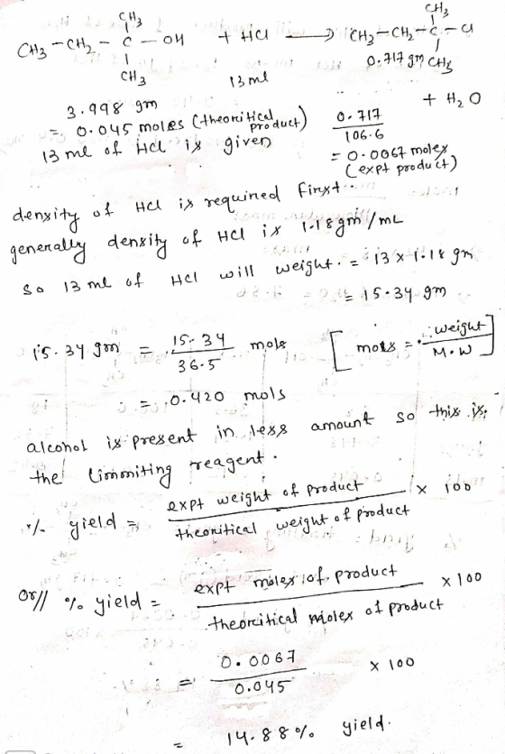 - CH₂ - CH₂ - Ć-on + Ha I 13 me CH₂ - CH₂ - C - a 0717 312 CHE toldo C CH₃ + H, O 3.998 go ? = 0.045 moles (theori tihend duc