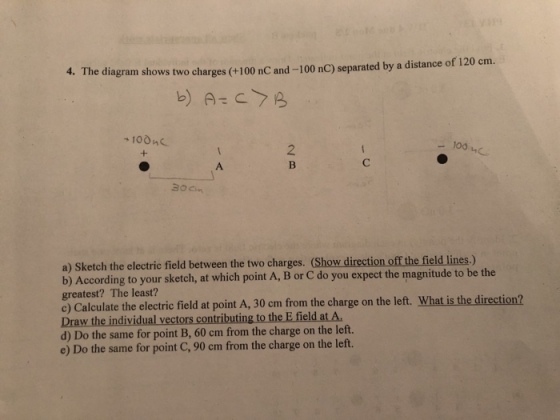 4. The diagram shows two charges (+100 nC and-100 nC) separated by a distance of 120 cm. +100nc 2 100 30 Cin a) Sketch the electric field between the two charges. (Show direction off the field lines.) b) According to your sketch, at which point A, B or C do you expect the magnitude to be the greatest? The least? c) Calculate the electric field at point A, 30 cm from the charge on the left. What Draw the individ d) Do the same for point B, 60 cm from the charge on the left. e) Do the same for point C, 90 cm from the charge on the left.