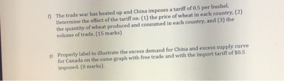 f) The trade war has heated up and China imposes a tariff of 0.5 per bushel. Determine the effect of the tariff on: (1) the p