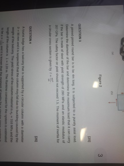 Figure 2 [25] QUESTION 3 A pinned-pinned round bar is to be 4m long. It is subjected to a purely axial load. Determine the di
