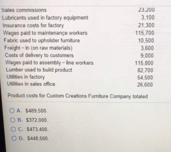 Sales commissions Lubricants used in factory equipment Insurance costs for factory Wages paid to maintenance workers Fabric u