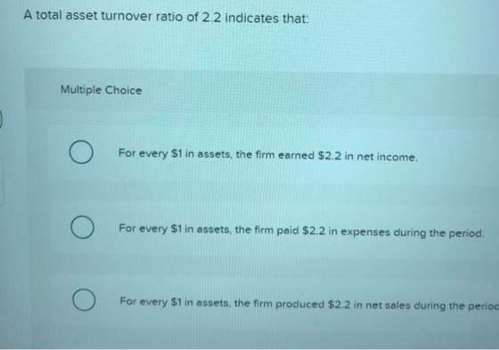 A total asset turnover ratio of 2.2 indicates that: Multiple Choice Ο For every $1 in assets, the firm earned $2.2 in net inc