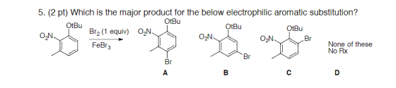 5. (2 pt) Which is the major product for the below electrophilic aromatic substitution? OtBu OtBu OtBu Brą (1 equiv) ON OtBu