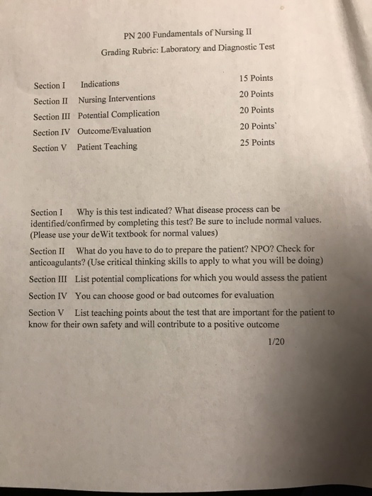 PN 200 Fundamentals of Nursing II Grading Rubric: Laboratory and Diagnostic Test Section I Indications Section II Nursing Int