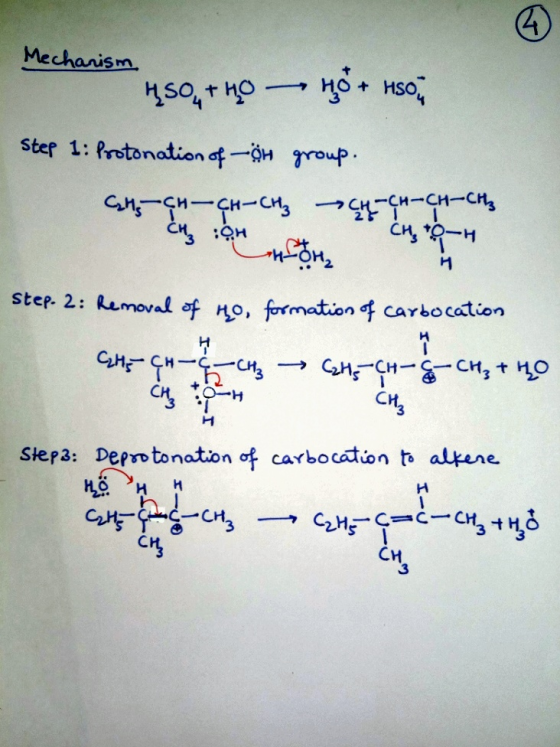 4A Mechanism stef 1: Protonation of-H roup CH:H M Step. 2: Removal of Ho, formation f carbo cation -C HCH,t0 CH3 Step3: Depro