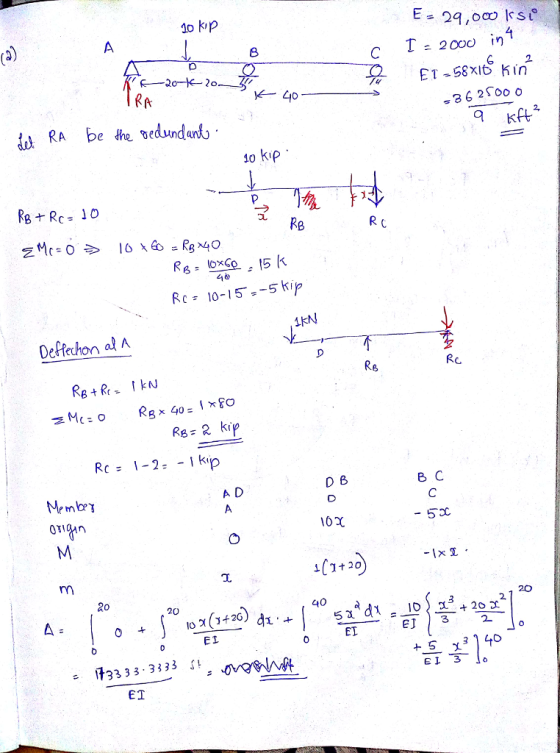 1o kip T-200o in x-40 dl RA be the vedundunt 36 2Soo o Kft io kip 陵 Rp Re 10-15--5 kip Delechon al A Rs 2 krp A D D B BC EI 3333 31 , on ET