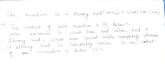 The bleaction is a strong acid (HNO₃) + weak, base (NH3) 7 The extent of this reaction is @ Below % Here ammonia is weak base