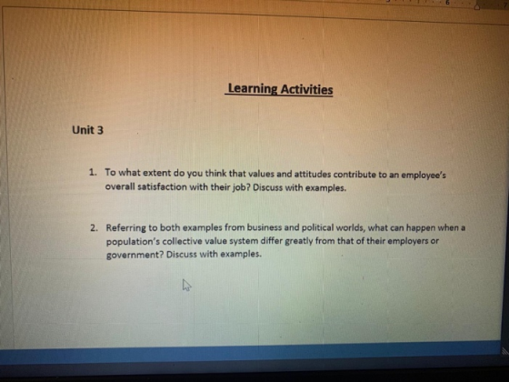Learning Activities Unit 3 1. To what extent do you think that values and attitudes contribute to an employees overall satis